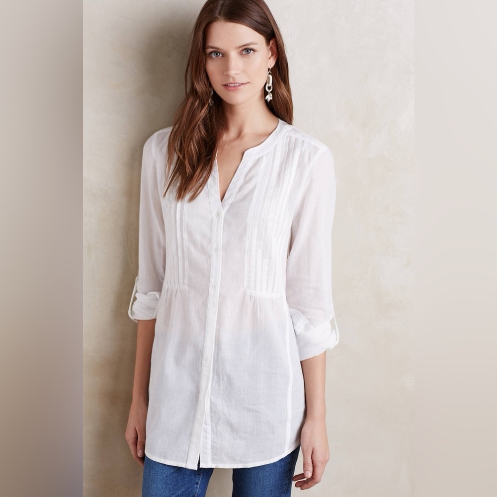 Anthropologie Maeve Pintucked Button Down Tunic size 10